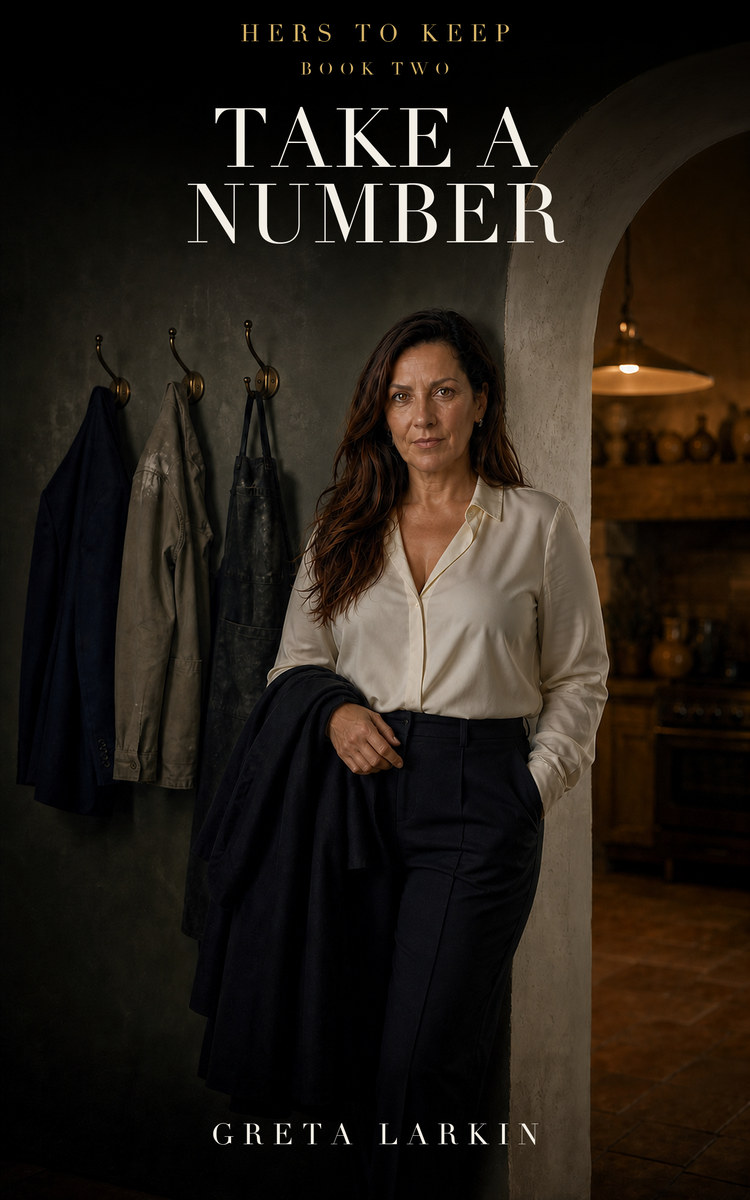 Take a Number by Greta Larkin. Melissa Claiborne standing against an archway with a coat over her arm, three men&rsquo;s coats on brass hooks behind her.